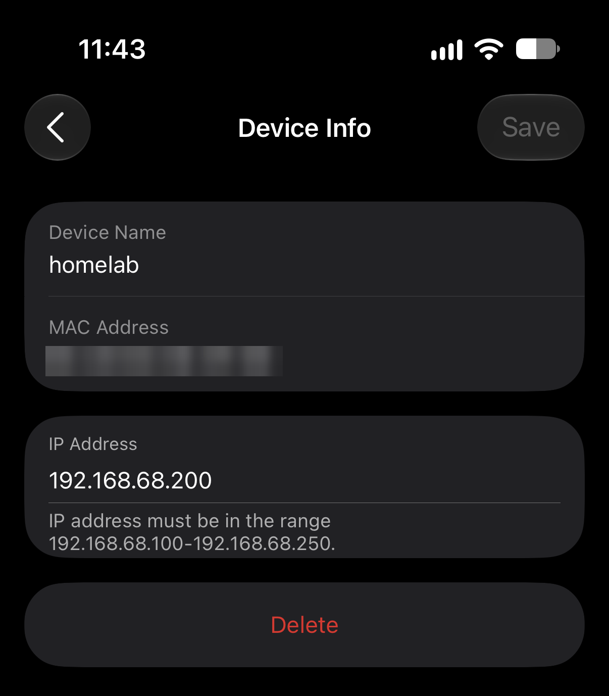 Router app's Device Info screen showing the homelab device reserved at 192.168.68.200, with the MAC address blurred